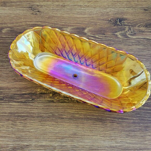 Unique Mismatched 2-Tiered Dessert Stand, Floral & Iridescent Orange Glass - Picture 5 of 16